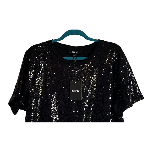 DKNY Womens Black Sequin Short Sleeve Top XL Holiday Sparkle Party Dressy NWT - Picture 2 of 7